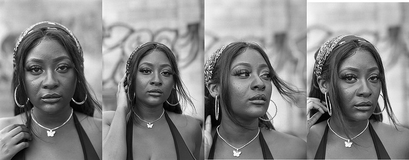 A series of four headshots of a woman captured on black and white film